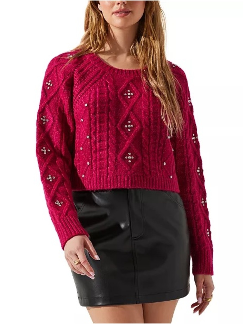 ASTR Madison Embellished Cable-Knit Pink Sweater Large NWT Casual Pullover
